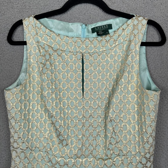 Lauren Ralph Lauren Dress Womens 10 Mint Green Gold Jacquard Brocade Party Glam - Picture 4 of 14